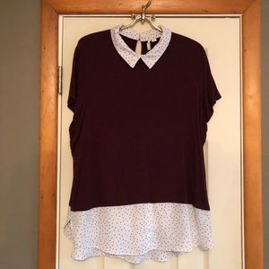 Burgundy Short Sleeved Shirt Polkadot Under Blouse